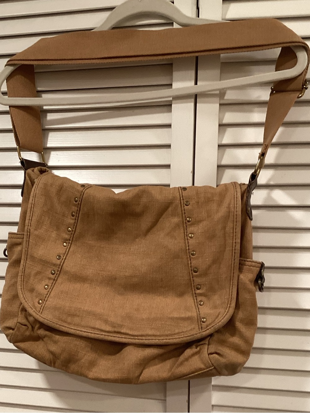 Fossil Messenger Canvas Bag with Leather Trim & Brass Hardware